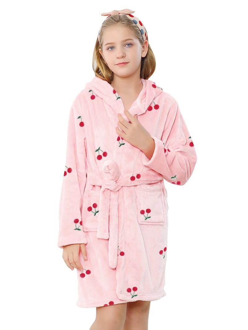 Umeyda Girls Robe, Cute Hoodie Print Plush Fleece Robe Flannel Bathrobe Sleepwear with Pockets for Gift, Cherry Pink, US 2T, CN 100 - Image 3