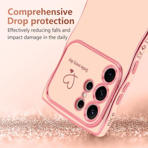 LCHULLE for Samsung Galaxy S24 Ultra Case for Women Girls, Cute Wave Frame Curly Shape with Love Heart Raised Camera Protection Cover Luxury Plating Shockproof Phone Case for Galaxy S24 Ultra 5G, Pink - Image 3