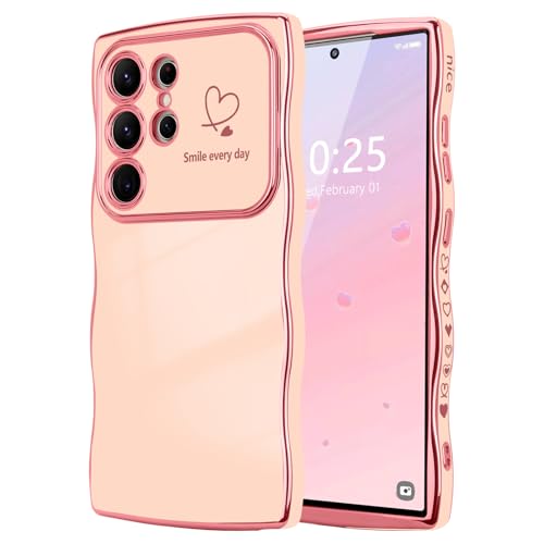 LCHULLE for Samsung Galaxy S24 Ultra Case for Women Girls, Cute Wave Frame Curly Shape with Love Heart Raised Camera Protection Cover Luxury Plating Shockproof Phone Case for Galaxy S24 Ultra 5G, Pink - Image 1
