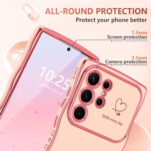 LCHULLE for Samsung Galaxy S24 Ultra Case for Women Girls, Cute Wave Frame Curly Shape with Love Heart Raised Camera Protection Cover Luxury Plating Shockproof Phone Case for Galaxy S24 Ultra 5G, Pink - Image 4