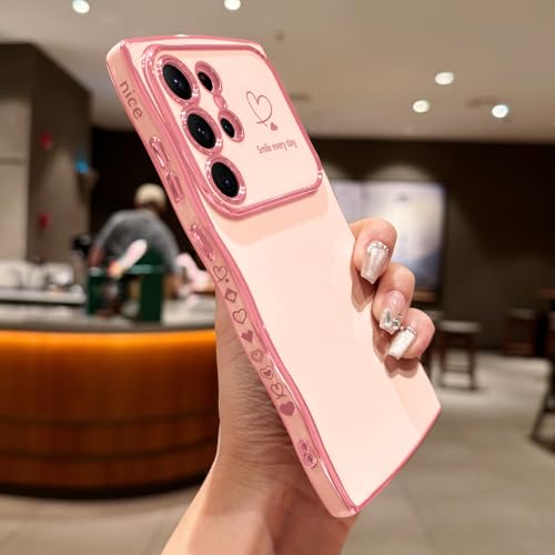 LCHULLE for Samsung Galaxy S24 Ultra Case for Women Girls, Cute Wave Frame Curly Shape with Love Heart Raised Camera Protection Cover Luxury Plating Shockproof Phone Case for Galaxy S24 Ultra 5G, Pink - Image 2