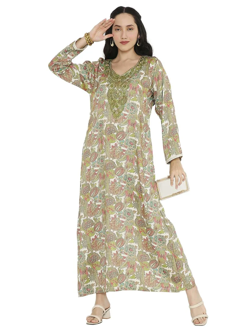 HANA & SARA MULTICOLOUR ELEGANT FLORAL PRINTED FARASHA JALABIYA WITH UNIQUE THREAD EMBROIDERY