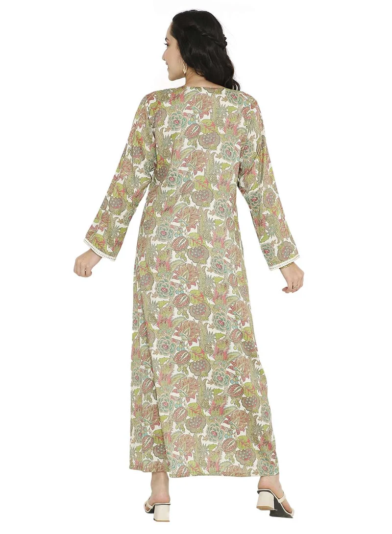 HANA & SARA MULTICOLOUR ELEGANT FLORAL PRINTED FARASHA JALABIYA WITH UNIQUE THREAD EMBROIDERY