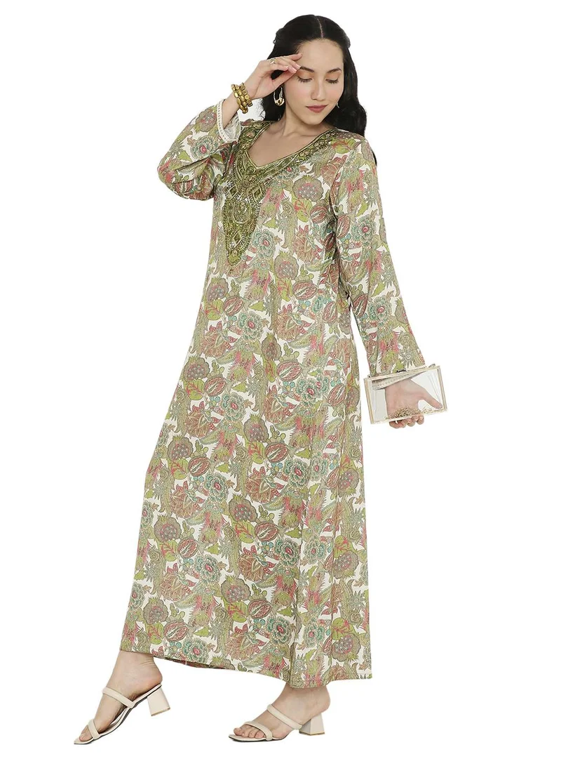 HANA & SARA MULTICOLOUR ELEGANT FLORAL PRINTED FARASHA JALABIYA WITH UNIQUE THREAD EMBROIDERY