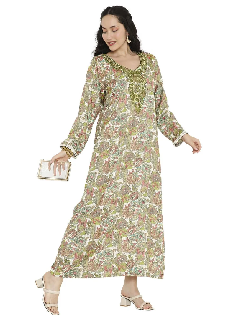 HANA & SARA MULTICOLOUR ELEGANT FLORAL PRINTED FARASHA JALABIYA WITH UNIQUE THREAD EMBROIDERY