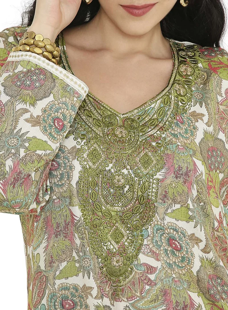 HANA & SARA MULTICOLOUR ELEGANT FLORAL PRINTED FARASHA JALABIYA WITH UNIQUE THREAD EMBROIDERY