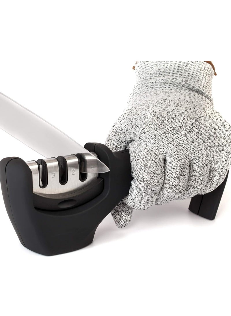 M MIAOYAN 4-in-1 Kitchen Knife Accessories: 3-Stage Knife Sharpener Helps Repair, Restore, Polish Blades and Cut-Resistant Glove (Black) - Image 1