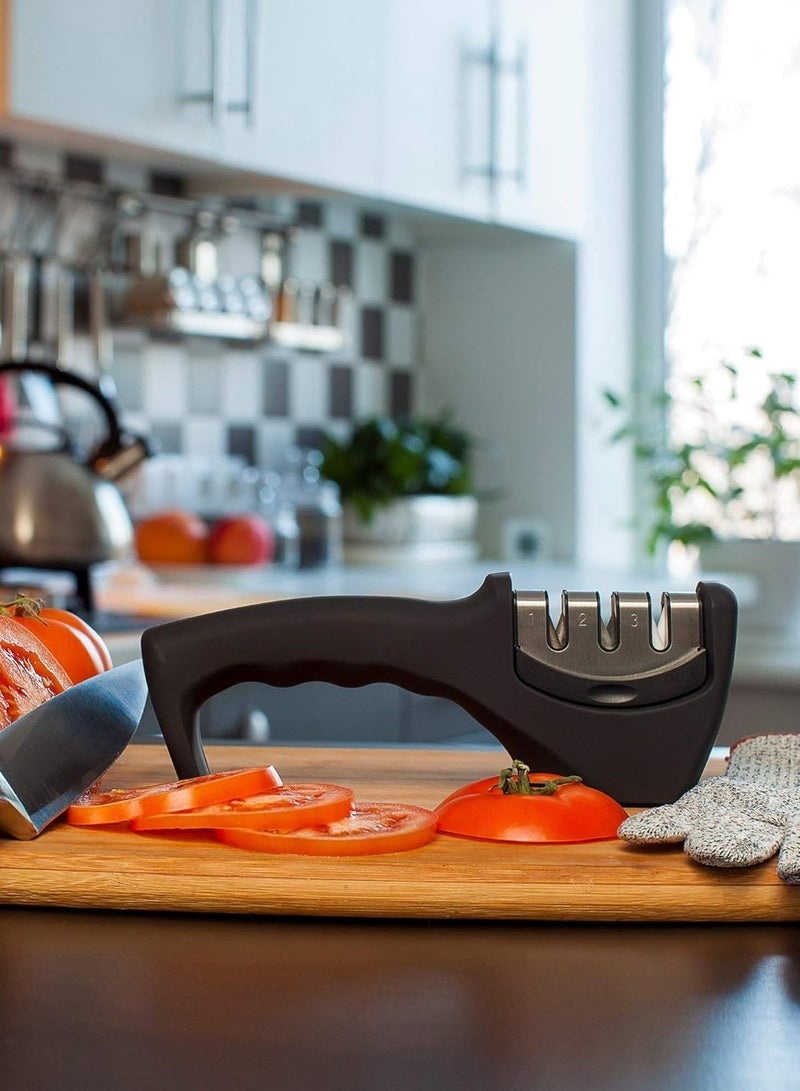 M MIAOYAN 4-in-1 Kitchen Knife Accessories: 3-Stage Knife Sharpener Helps Repair, Restore, Polish Blades and Cut-Resistant Glove (Black) - Image 2