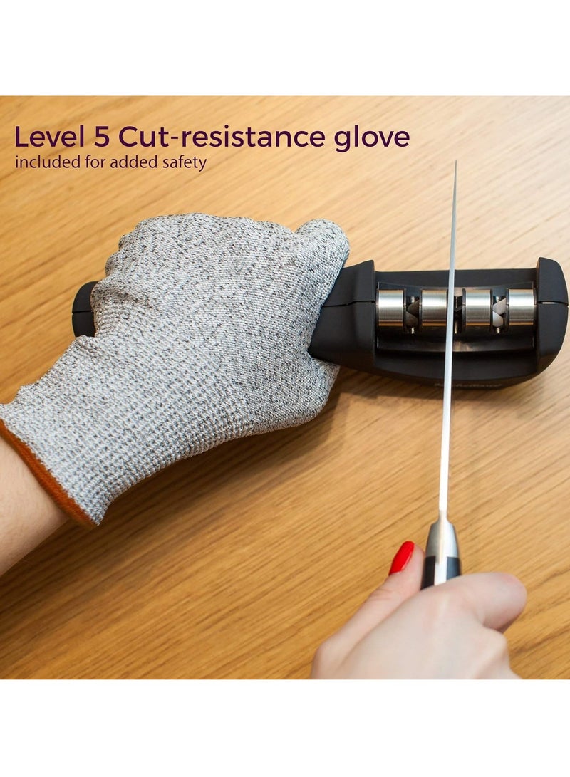 M MIAOYAN 4-in-1 Kitchen Knife Accessories: 3-Stage Knife Sharpener Helps Repair, Restore, Polish Blades and Cut-Resistant Glove (Black) - Image 3