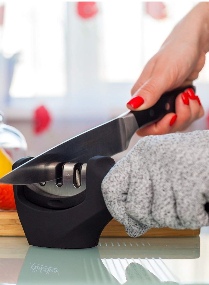 M MIAOYAN 4-in-1 Kitchen Knife Accessories: 3-Stage Knife Sharpener Helps Repair, Restore, Polish Blades and Cut-Resistant Glove (Black) - Image 4