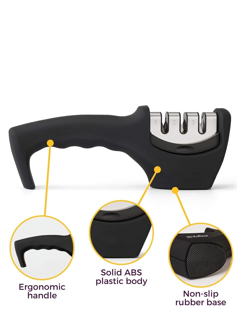 M MIAOYAN 4-in-1 Kitchen Knife Accessories: 3-Stage Knife Sharpener Helps Repair, Restore, Polish Blades and Cut-Resistant Glove (Black) - Image 5