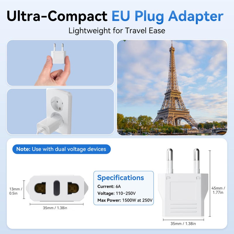 Unidapt 4 Pack European Travel Plug Adapter, Unidapt US to Europe Plug Adapter, European Adapter Type C Pin Adaptor, Outlet Converter America USA to Europe Italy Spain Germany France EU, Power Plug, White - Image 3