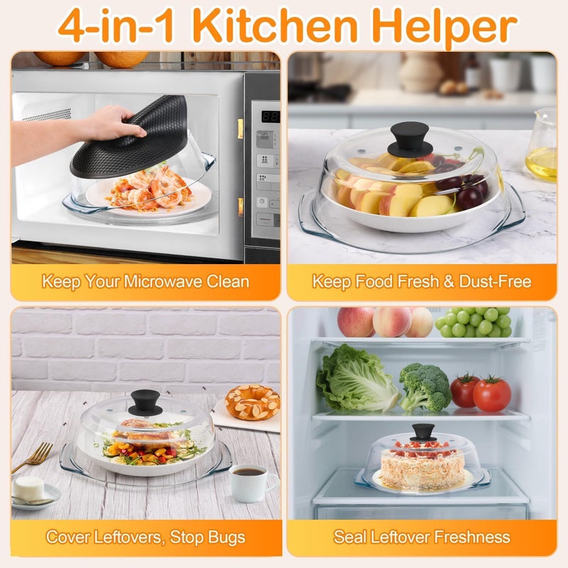 JPPSUJJ Glass Microwave Splatter Cover for Food with Microwave Place Mat - Sturdy Plate Guard Lid with Vent Holes and Easy-Grip Silicone Handle - BPA Free, Dishwasher Safe (Black) - Image 4