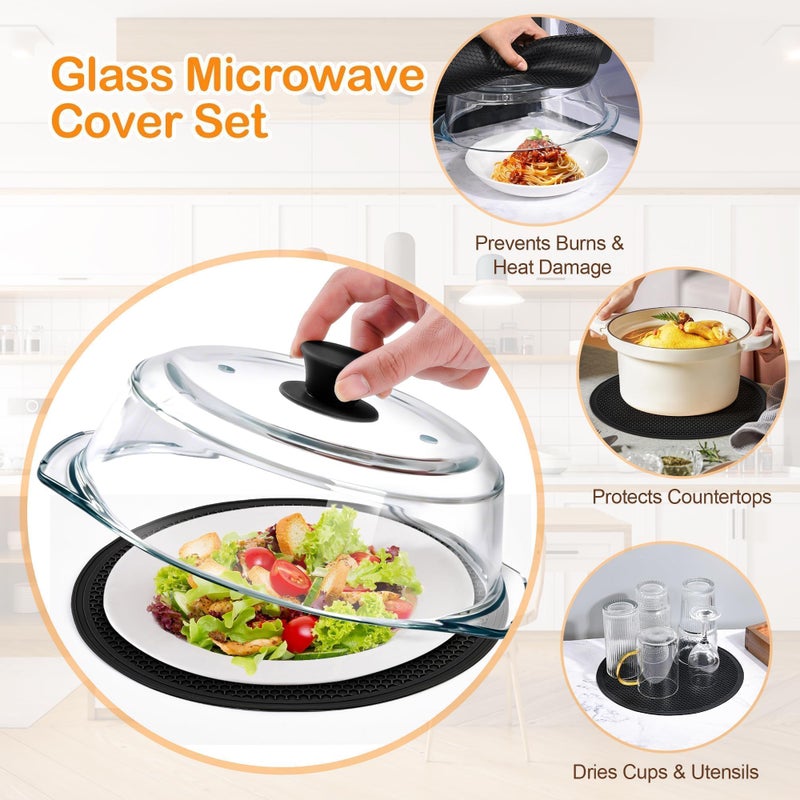 JPPSUJJ Glass Microwave Splatter Cover for Food with Microwave Place Mat - Sturdy Plate Guard Lid with Vent Holes and Easy-Grip Silicone Handle - BPA Free, Dishwasher Safe (Black) - Image 3
