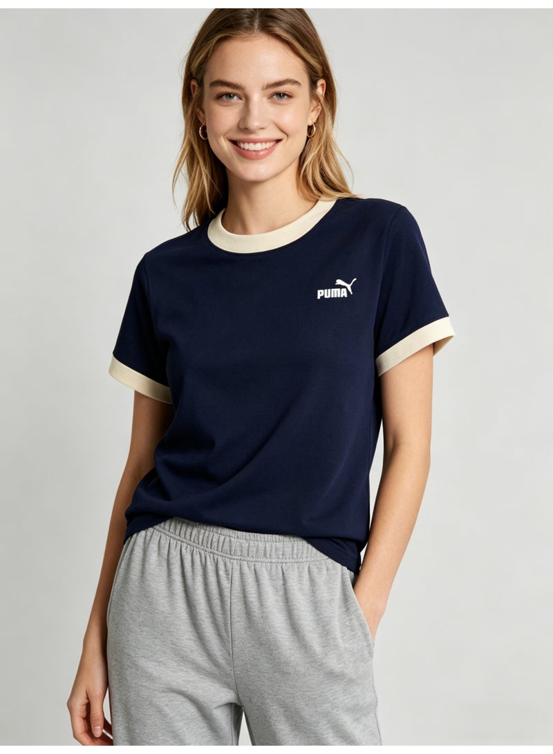بوما PUMA Women’s Retro Ringer T-Shirt, Navy with Off-White Trim - Image 2