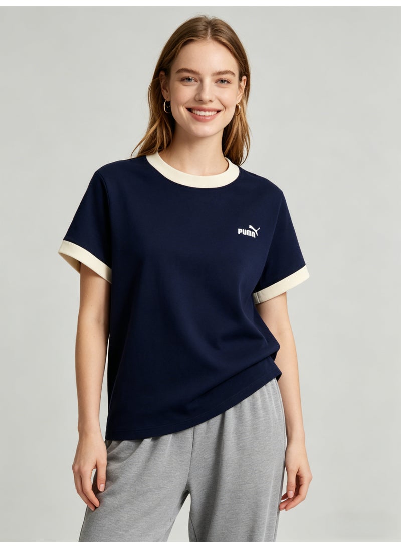 بوما PUMA Women’s Retro Ringer T-Shirt, Navy with Off-White Trim - Image 1