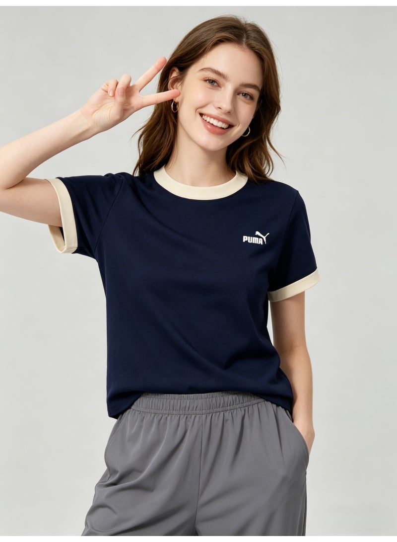 بوما PUMA Women’s Retro Ringer T-Shirt, Navy with Off-White Trim - Image 4