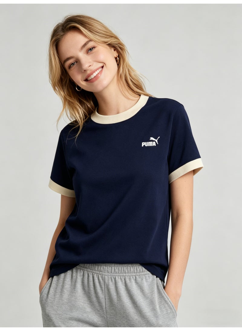 بوما PUMA Women’s Retro Ringer T-Shirt, Navy with Off-White Trim - Image 3