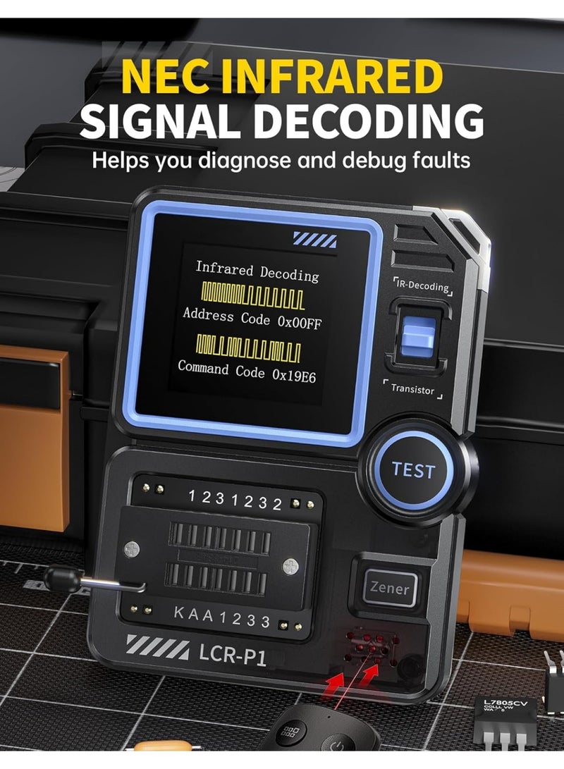 فنيرسي LCR-P1 من لبويلوف®، اختبار مكثف الترانزستور موسفيت للمكونات الالكترونية اس ام دي، الصمام الثنائي، الصمام الثنائي، زينر ديود، المقاومة، الحث، اختبار البطارية، مقياس LCR MOS PNP - Image 4