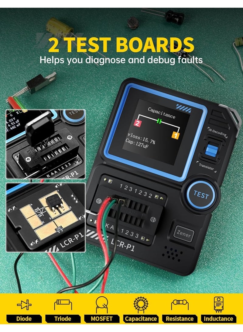 فنيرسي LCR-P1 من لبويلوف®، اختبار مكثف الترانزستور موسفيت للمكونات الالكترونية اس ام دي، الصمام الثنائي، الصمام الثنائي، زينر ديود، المقاومة، الحث، اختبار البطارية، مقياس LCR MOS PNP - Image 2