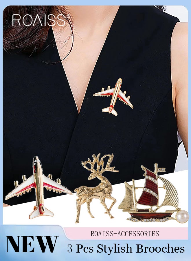 roaiss 3 Pcs Fashionable Brooches for Men Women Vintage Reindeer Brooch Red Airplane Lapel Pin Badge, Exquisite Sailboat Pin Coat Suit Wedding Gift Party Shirt Collar Accessories Brooch - Image 1