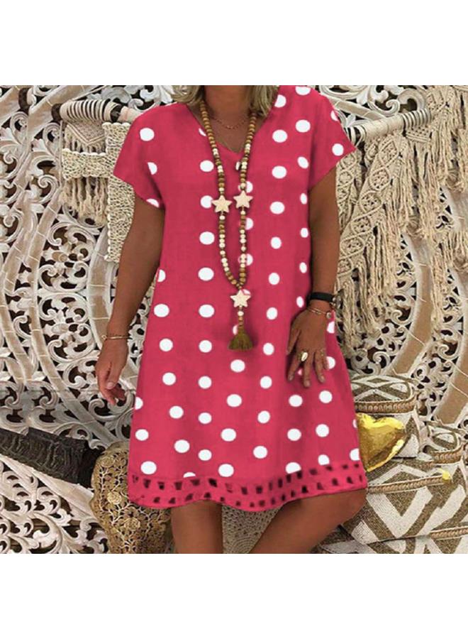 Spring And Summer New European And American Women's Dress Fashion Pollae Short Sleeve V-neck Printed Skirt