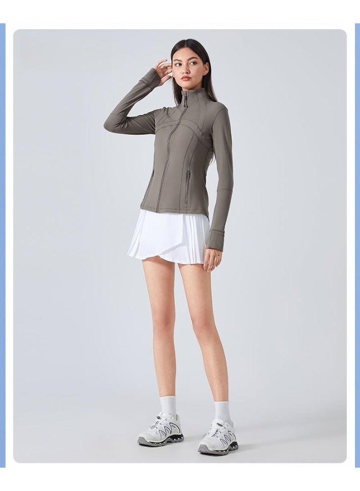 كوينج Womens Autumn Winter Sports Jacket Elastic Fitness Yoga Top DAW178 Beverage gray - Image 3