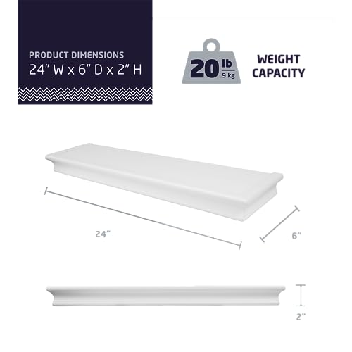 HIGH & MIGHTY Decorative 24" Floating Shelf Holds up to 20 lbs, Easy Tool-Free Dry Wall Installation, Beveled, White | 515660 - Image 2