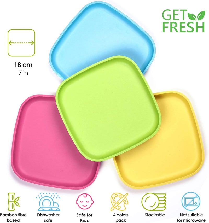 GET FRESH Bamboo Dinnerware Set for Kids - 4 Pack of Stackable Plates in Bright Colors - Image 3