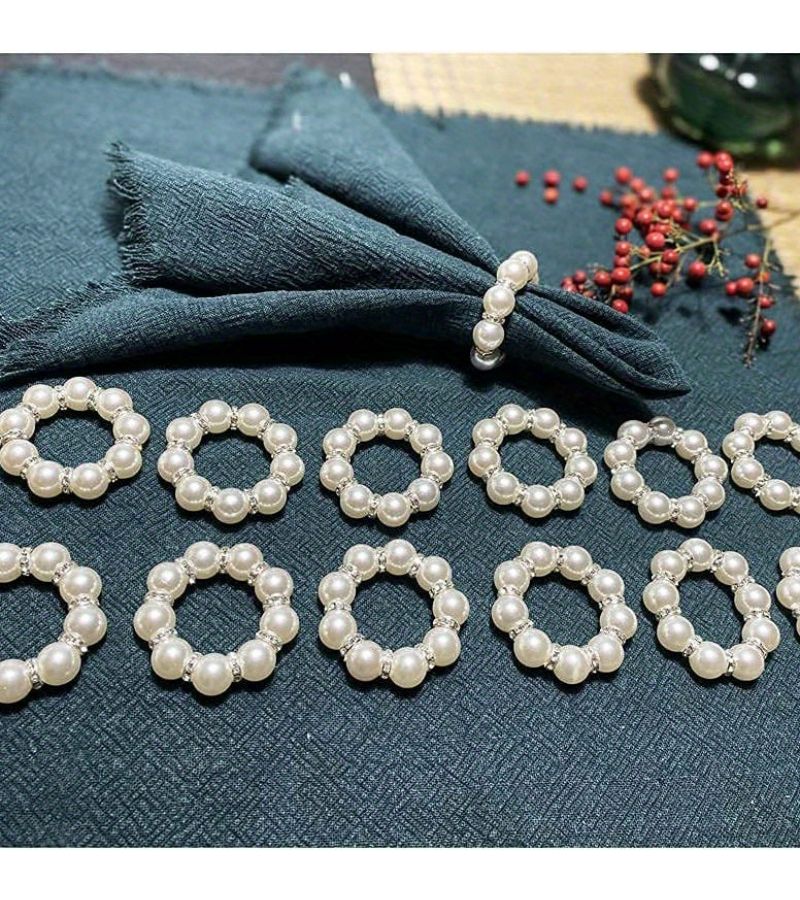 24 Pcs Silvery Pearl Napkin Rings Wedding Imitation Crystal Beaded Elastic Stretch Napkin Holders Spring Banquet Party Table Decor - Image 3