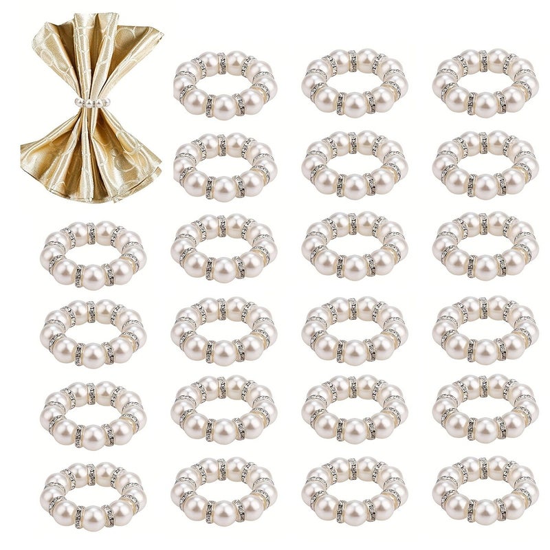 24 Pcs Silvery Pearl Napkin Rings Wedding Imitation Crystal Beaded Elastic Stretch Napkin Holders Spring Banquet Party Table Decor - Image 1