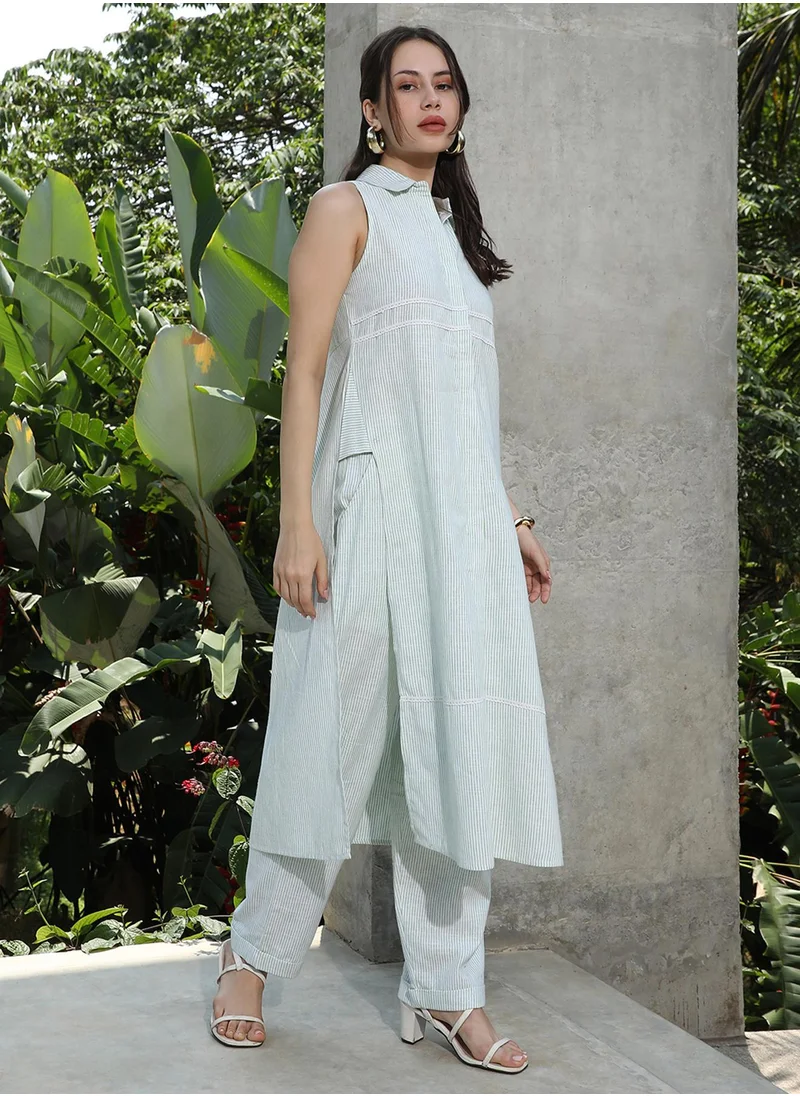  قصة Women's Kelly Green & Cream White Pinstriped Kurta Set