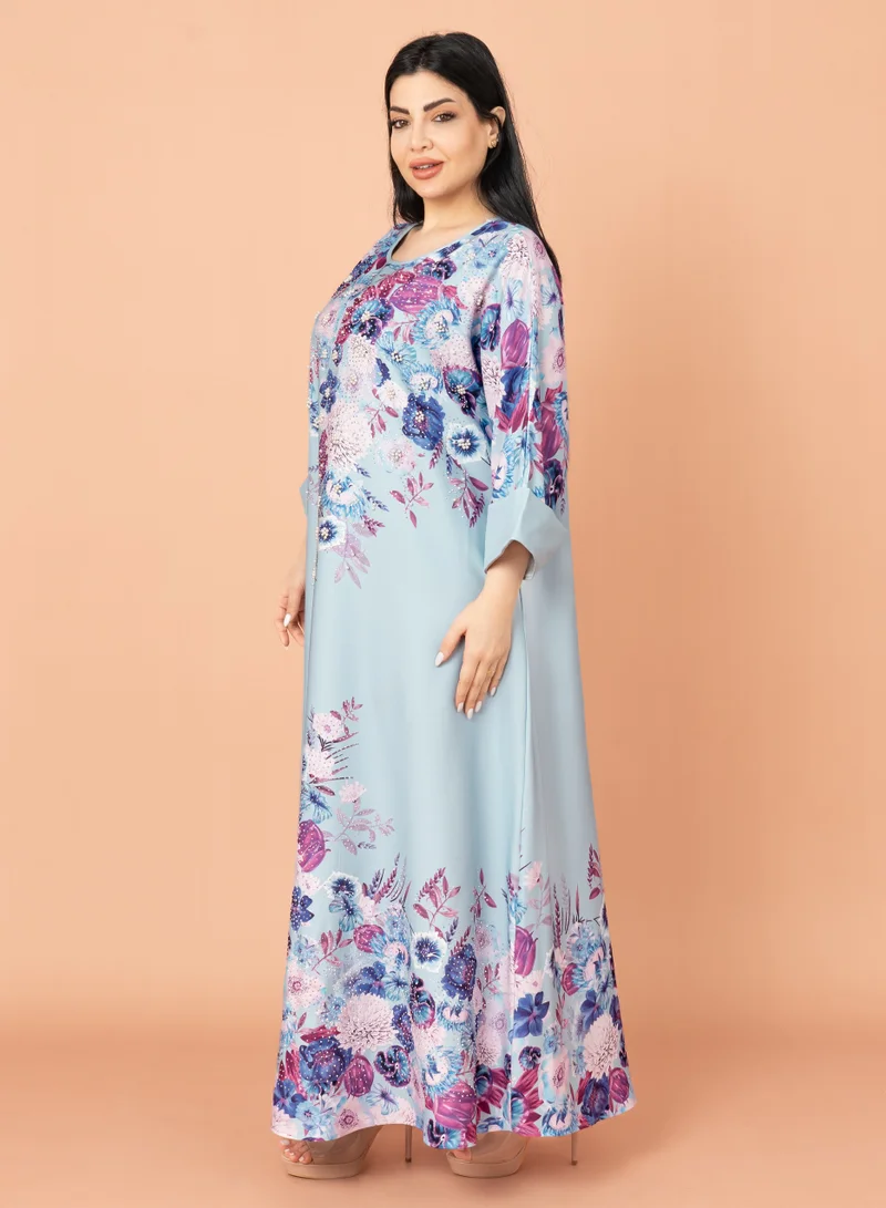 IKKXA Floral Printed Modern Jalabiya Blue