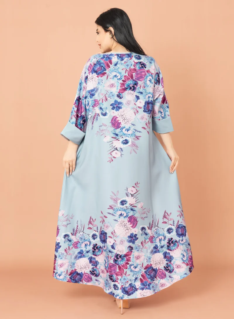 IKKXA Floral Printed Modern Jalabiya Blue