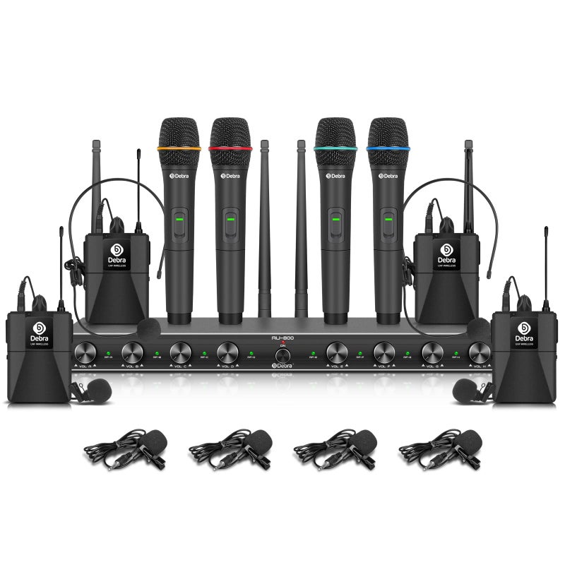 D Debra Audio AU800 Pro UHF 8 Channel Wireless Microphone System with Cordless Handheld Lavalier Headset Mics Metal Receiver Ideal for Karaoke Church Party 4 Handheld 4 Bodypack