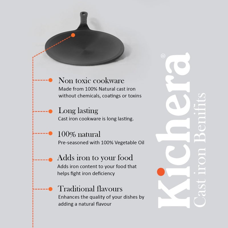 Kichera 10 Inch PreSeasoned Cast Iron Roti Tawa with Long Handle for RotiChapathiParathaFulka - Image 5