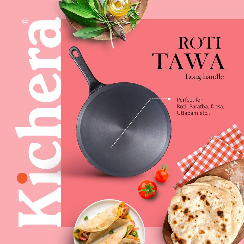 Kichera 10 Inch PreSeasoned Cast Iron Roti Tawa with Long Handle for RotiChapathiParathaFulka - Image 3