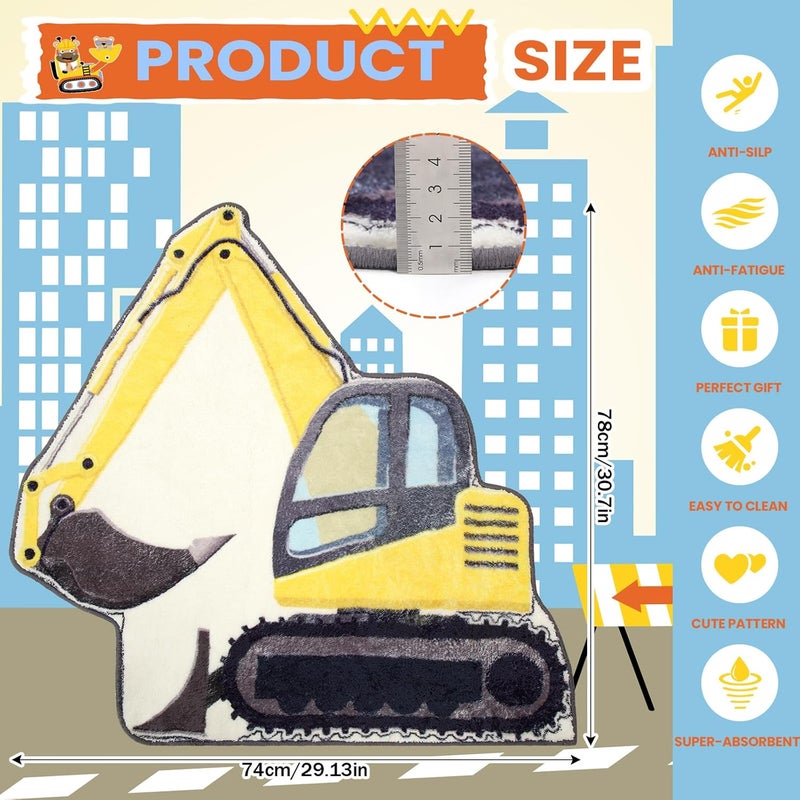 Tinideya 30 Inch Kids Excavator Bedroom Rug Hand Tufted Boys Nonslip Bathroom Mat Decorative Construction Trucks Play Area Rug Cute Soft Fluffy Mat for Bathroom Bedroom Nursery Decor - Image 2