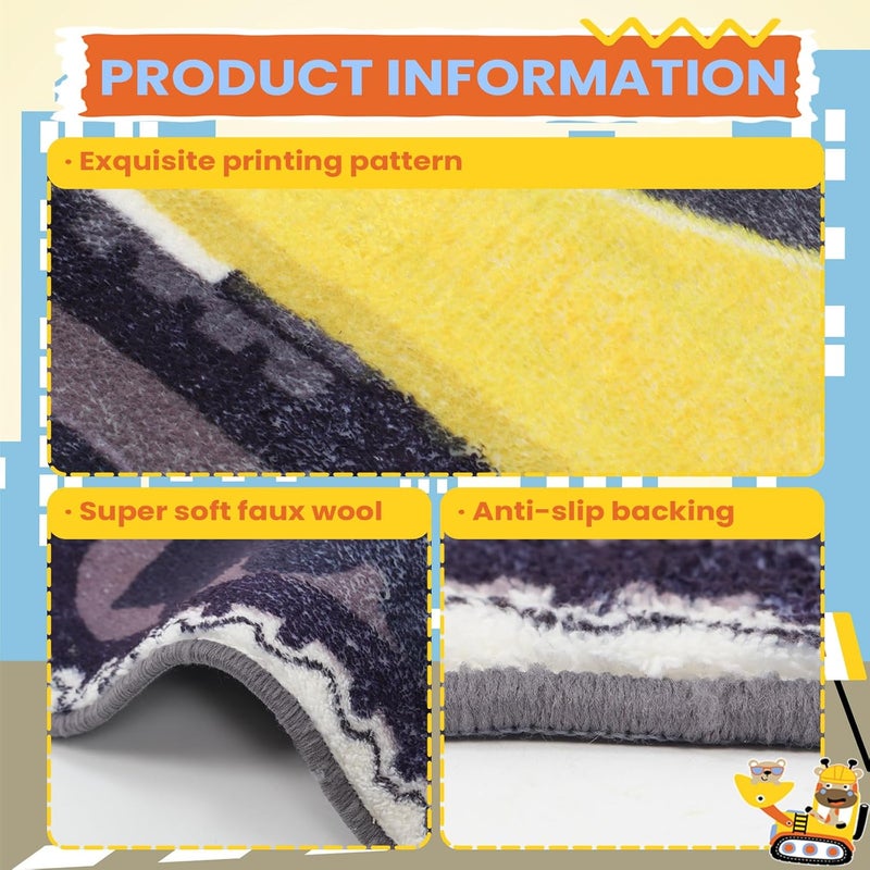Tinideya 30 Inch Kids Excavator Bedroom Rug Hand Tufted Boys Nonslip Bathroom Mat Decorative Construction Trucks Play Area Rug Cute Soft Fluffy Mat for Bathroom Bedroom Nursery Decor - Image 3
