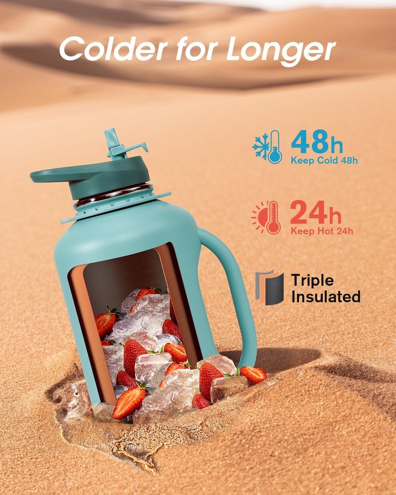 Coolflask 1900ml Water Bottle Insulated Half Gallon, 64 oz Insulated Stainless Steel Water Jug Metal Double-Walled Vacuum Large Flask With Strap Straw Leakproof, Keep Cold 48 Hrs Hot 24hrs, Green - Image 3