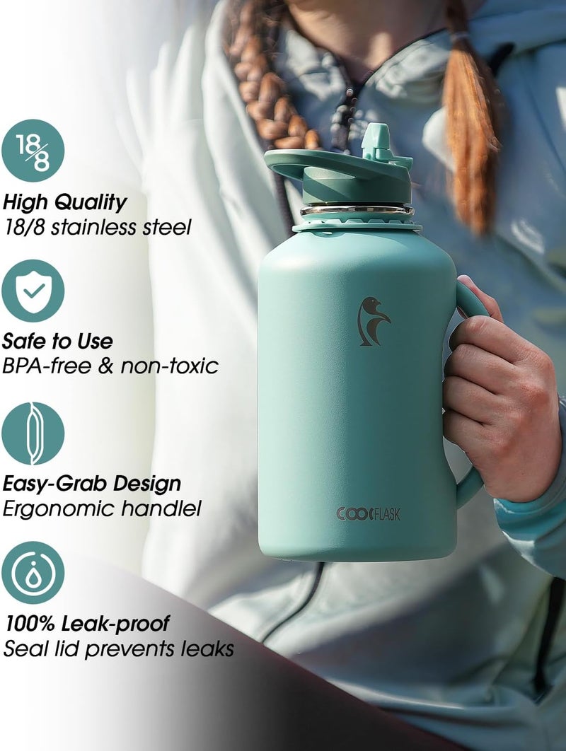 Coolflask 1900ml Water Bottle Insulated Half Gallon, 64 oz Insulated Stainless Steel Water Jug Metal Double-Walled Vacuum Large Flask With Strap Straw Leakproof, Keep Cold 48 Hrs Hot 24hrs, Green - Image 5