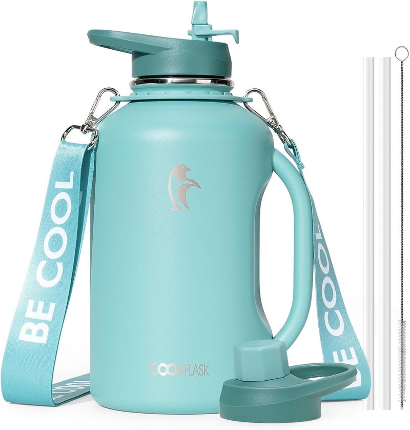 Coolflask 1900ml Water Bottle Insulated Half Gallon, 64 oz Insulated Stainless Steel Water Jug Metal Double-Walled Vacuum Large Flask With Strap Straw Leakproof, Keep Cold 48 Hrs Hot 24hrs, Green - Image 1
