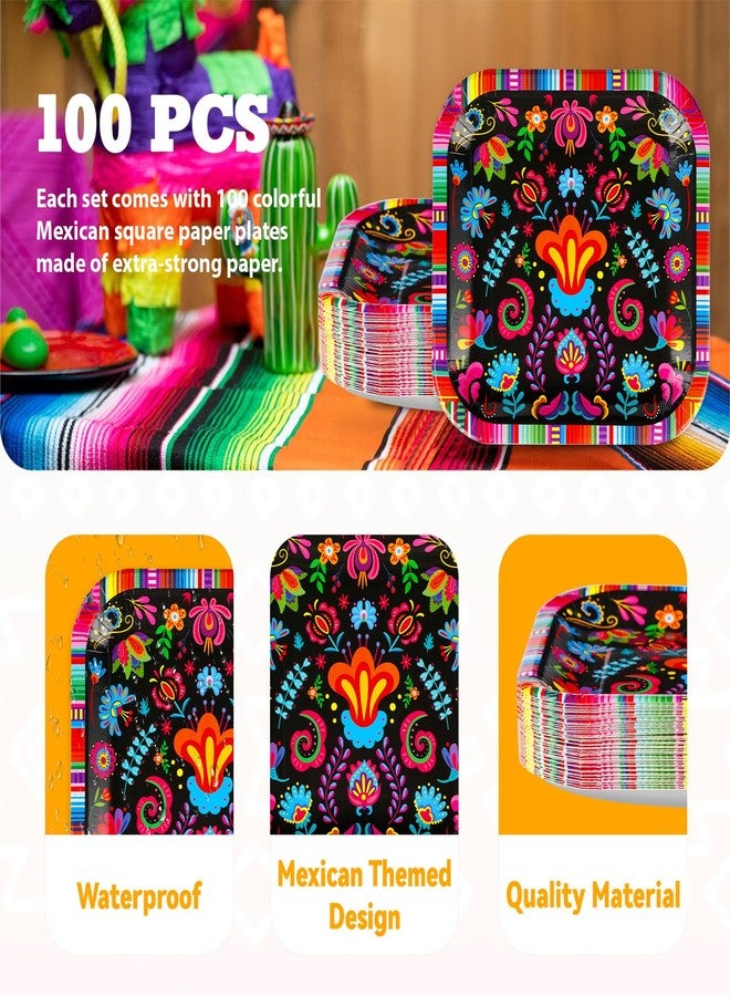 Grencian Greencian 100Pcs Fiesta Square Paper Plates 9" Mexican Themed Disposable Colorful Floral Plates Mexican Style Party Decorations for Cinco De Mayo Tuesday Taco Night Birthday Supplies - Image 3
