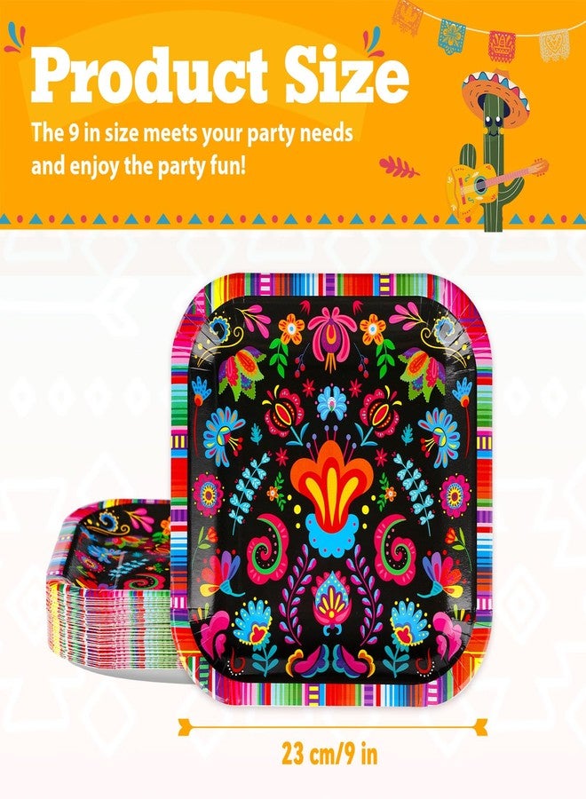 Grencian Greencian 100Pcs Fiesta Square Paper Plates 9" Mexican Themed Disposable Colorful Floral Plates Mexican Style Party Decorations for Cinco De Mayo Tuesday Taco Night Birthday Supplies - Image 2