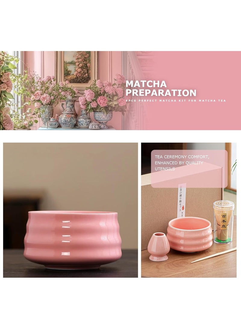 GuRiver 4 Piece Matcha Tea Set Matcha Whisk Kit Matcha Ceramic Bowl Matcha Whisk, White Whisk Holder Traditional Scoop Perfect Set to a Traditional of Matcha Tool (Pink) - Image 3