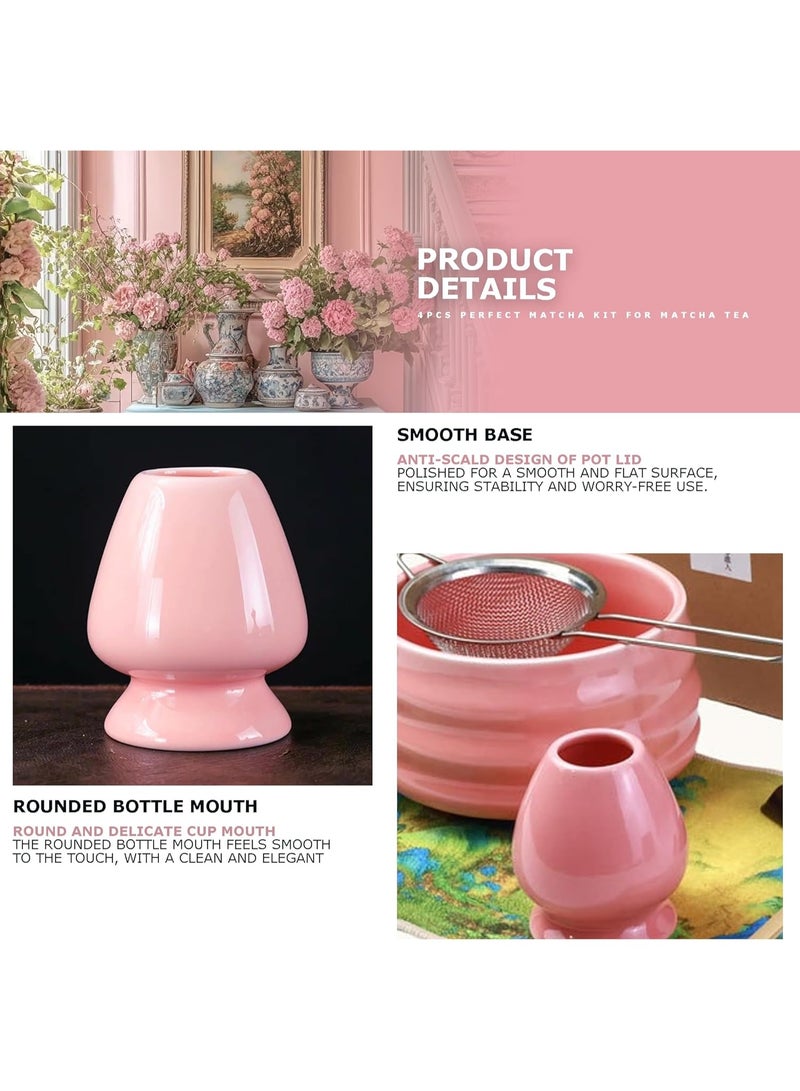 GuRiver 4 Piece Matcha Tea Set Matcha Whisk Kit Matcha Ceramic Bowl Matcha Whisk, White Whisk Holder Traditional Scoop Perfect Set to a Traditional of Matcha Tool (Pink) - Image 4