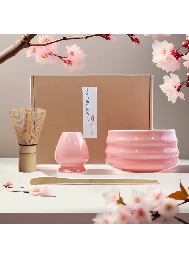 GuRiver 4 Piece Matcha Tea Set Matcha Whisk Kit Matcha Ceramic Bowl Matcha Whisk, White Whisk Holder Traditional Scoop Perfect Set to a Traditional of Matcha Tool (Pink) - Image 1