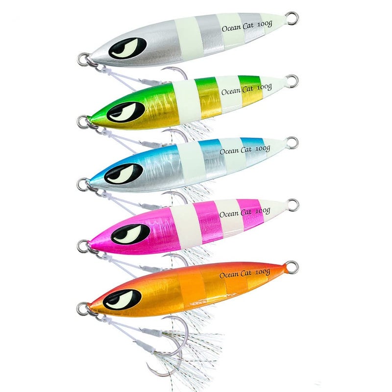 OCEAN CAT 1 PC Slow Fall Pitch Fishing Lures Sinking Lead Metal Flat Jigs Jigging Baits with Hook for Saltwater Fishing 100G150G200G250G 200g Each Color 1 pcAll 5 pcs