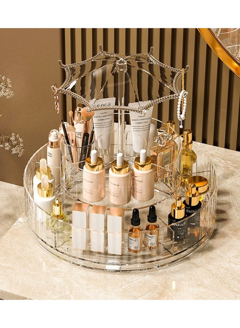 UrbanEssentia 360° Rotating Makeup Organizer, Bathroom Vanity Organizer with Umbrella Hook, Dressing Table Organizer, Large Acrylic Skincare and Cosmetic Storage Display for Countertops. - Image 1