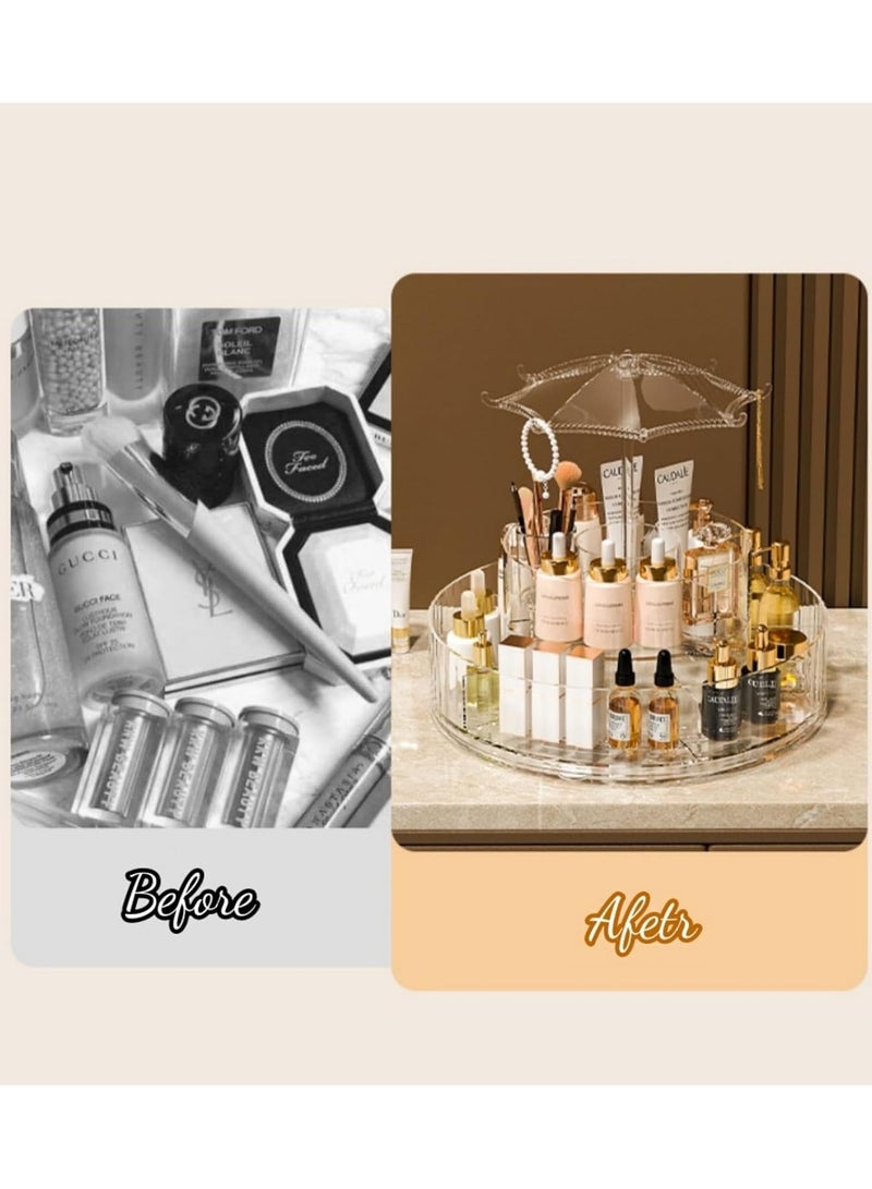UrbanEssentia 360° Rotating Makeup Organizer, Bathroom Vanity Organizer with Umbrella Hook, Dressing Table Organizer, Large Acrylic Skincare and Cosmetic Storage Display for Countertops. - Image 2
